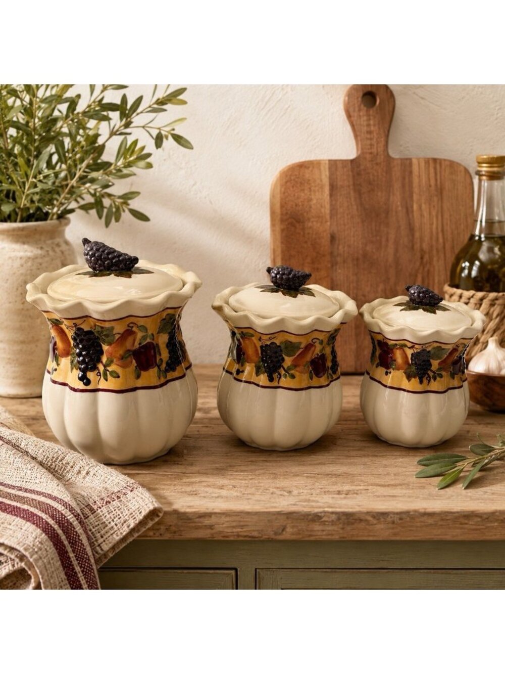 Celebrating Home Sonoma Villa Canister 3pc Set Tuscan-Inspired Hand-Painted Jars